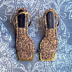 Good American Leopard Print Standout Slingback Square Toe Heeled Sandal Size 8.5